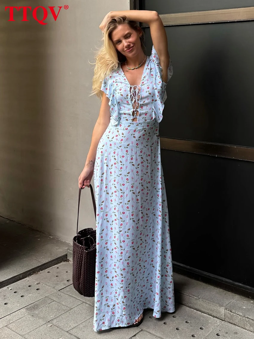 

TTQV Summer Loose Print Women's Dress 2026 Sexy V-Neck Sleeveless Ankle Length Dresses Elegant Classic Bandage Female Dress