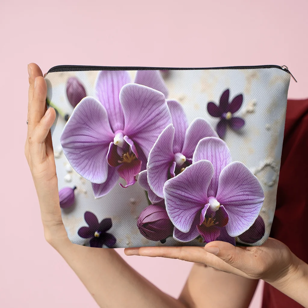 1 Piece Purple Phalaenopsis Orchid Close-Up Makeup Bag - Multifunctional Zipper Pouch for Women, Perfect Travel Zipper Storage Bag, Fun Birthday Gift