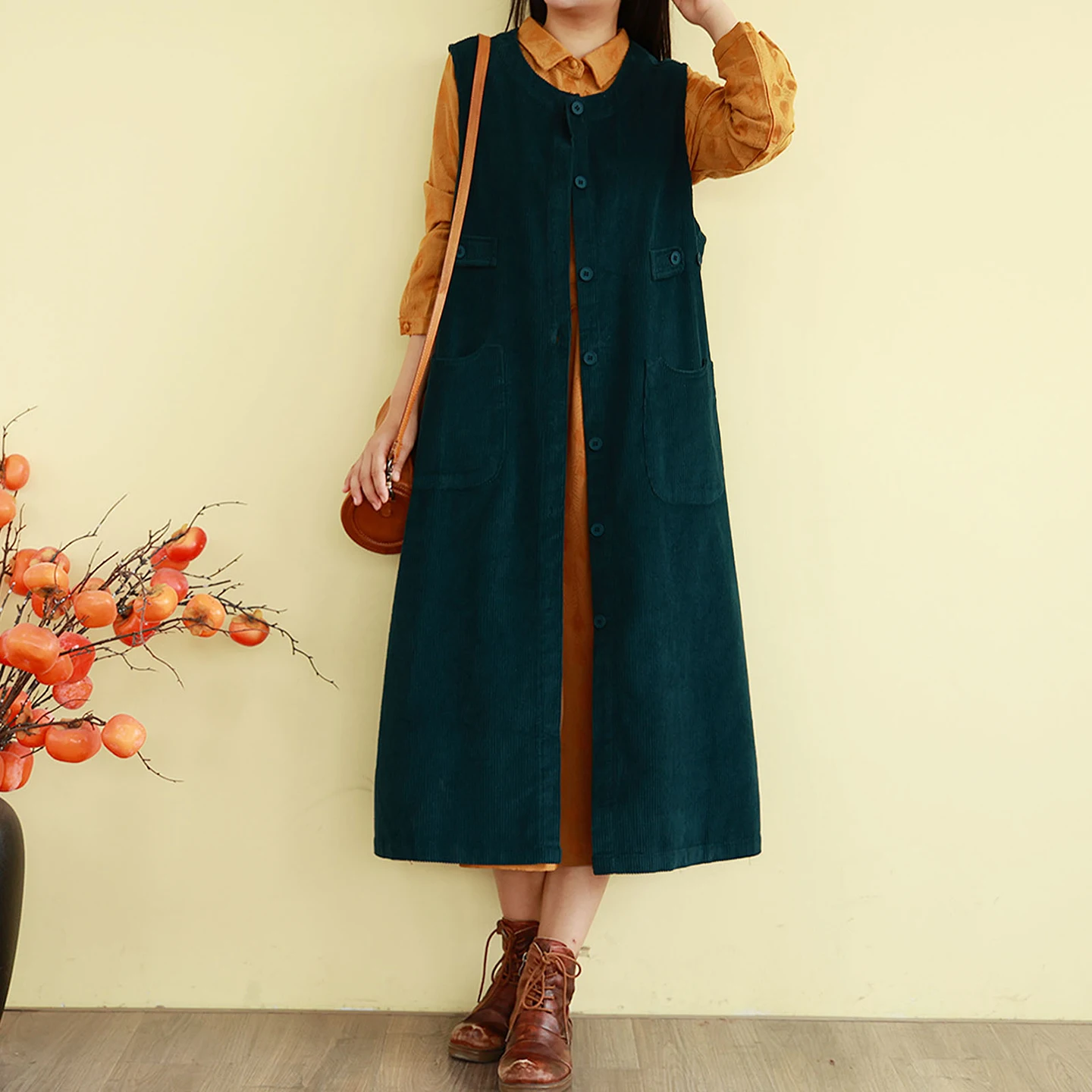 

Retro Pure Color Corduroy Svel Dr Women's Mid-Length Open Cardigan Vest Skirt Autumn New Sle Thi Winter Jaet
