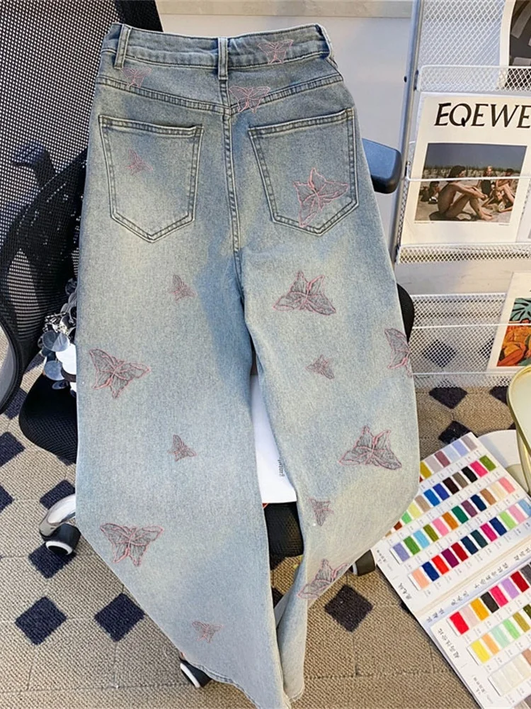 

-Studied Heavyweight Embroidery Loose Fit Slimming Jeans Blue Thiened Summer Faion Men Women Premium Wide Leg P...