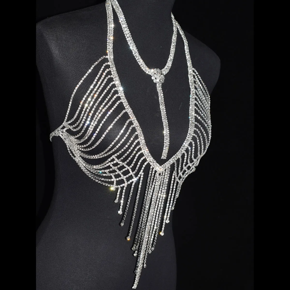Sexy Luxurious Tassel Underwear Shiny Body Chain For Women Rhinestone Crystal Bra Birthday Party Clothing Accessories festival
