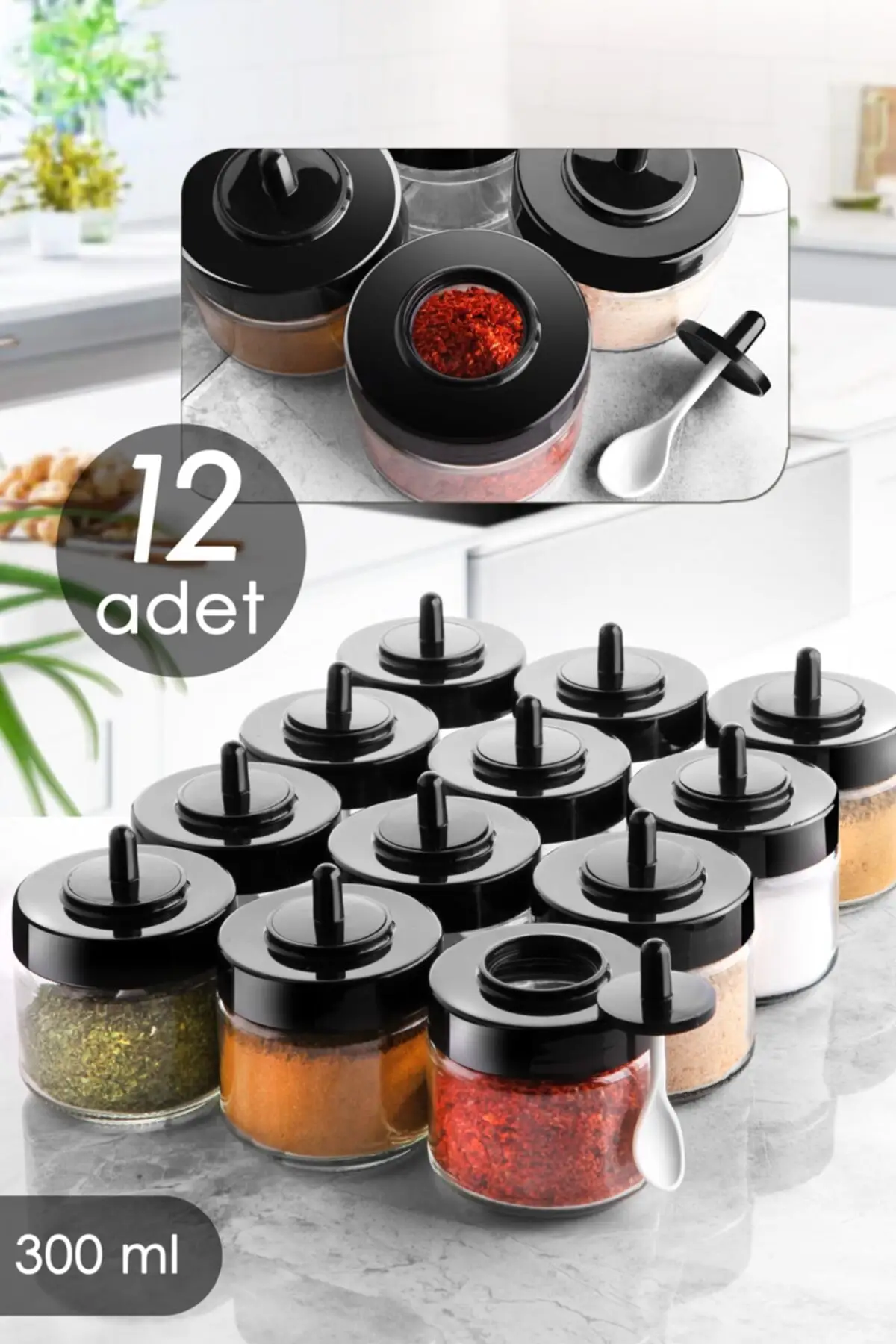 12 Pieces Spice Storage Set with Lid and Spoon - 300 ml - Glass Jar-High Quality-Useful Kitchen Utensils-2022