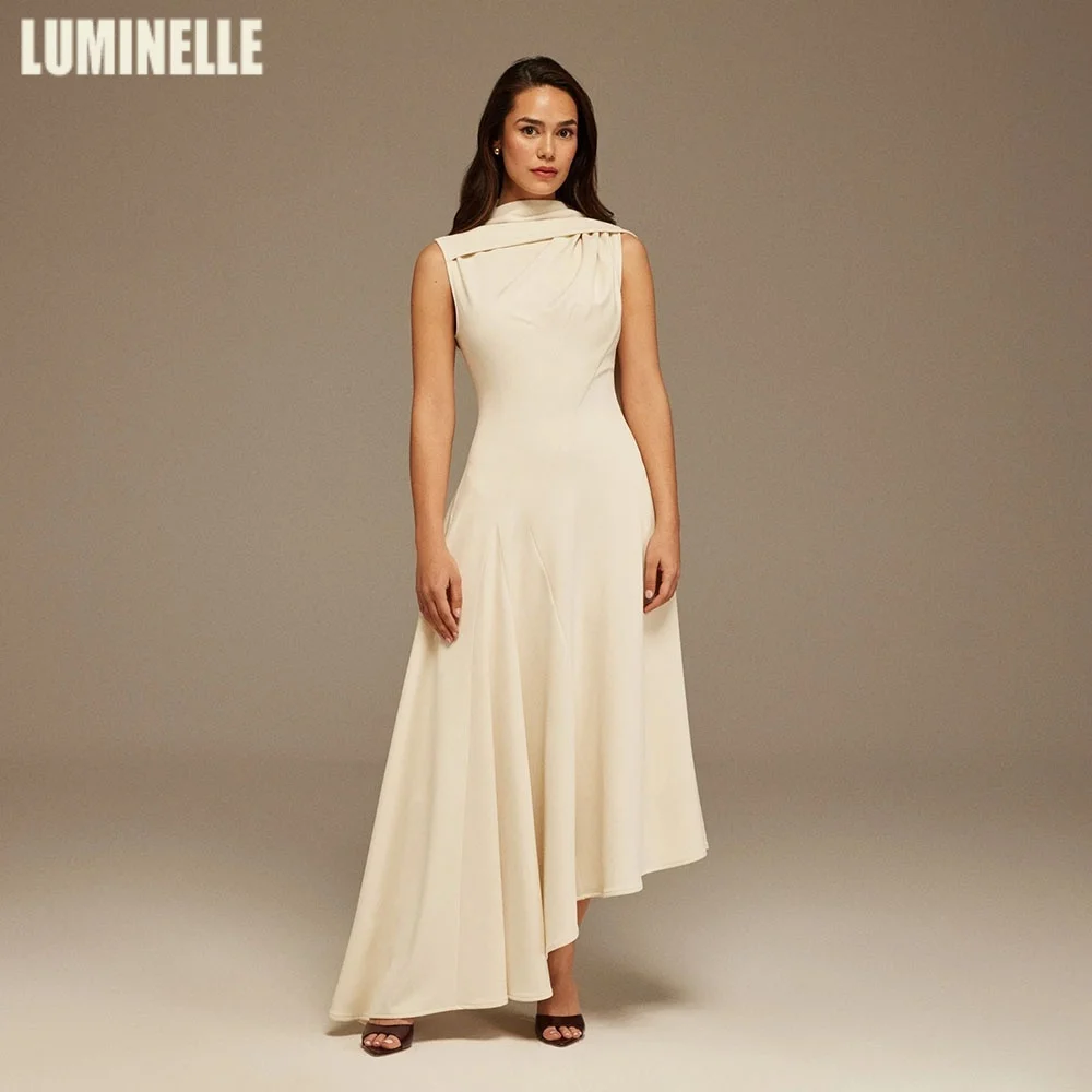 

Sleeveless A-line Midi Dress With Shoulder Scarf Crepe فساتين سهرة High Neck Evening Dresses for Women Customized