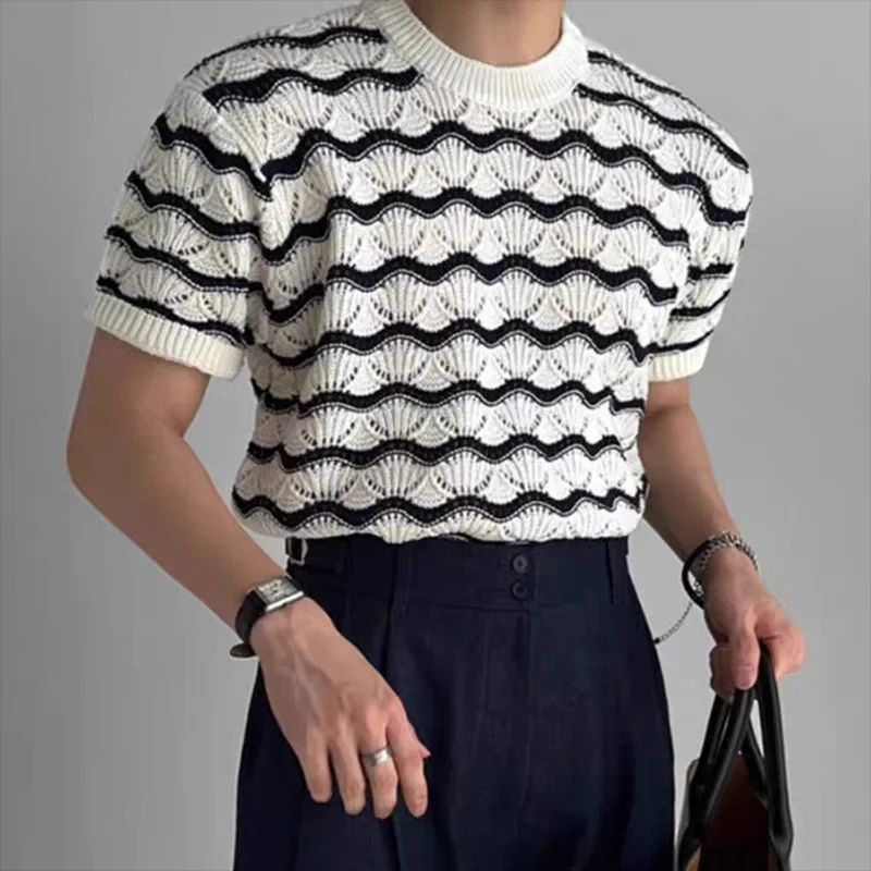 Herren Strick-T-Shirts Sommer Gestreiftes Ausgehöhltes Jacquard Kurzarm-Rundhals-Shirt Lässige T-Shirts Y2K Vintage Streetwear Oberteile – Detail 4