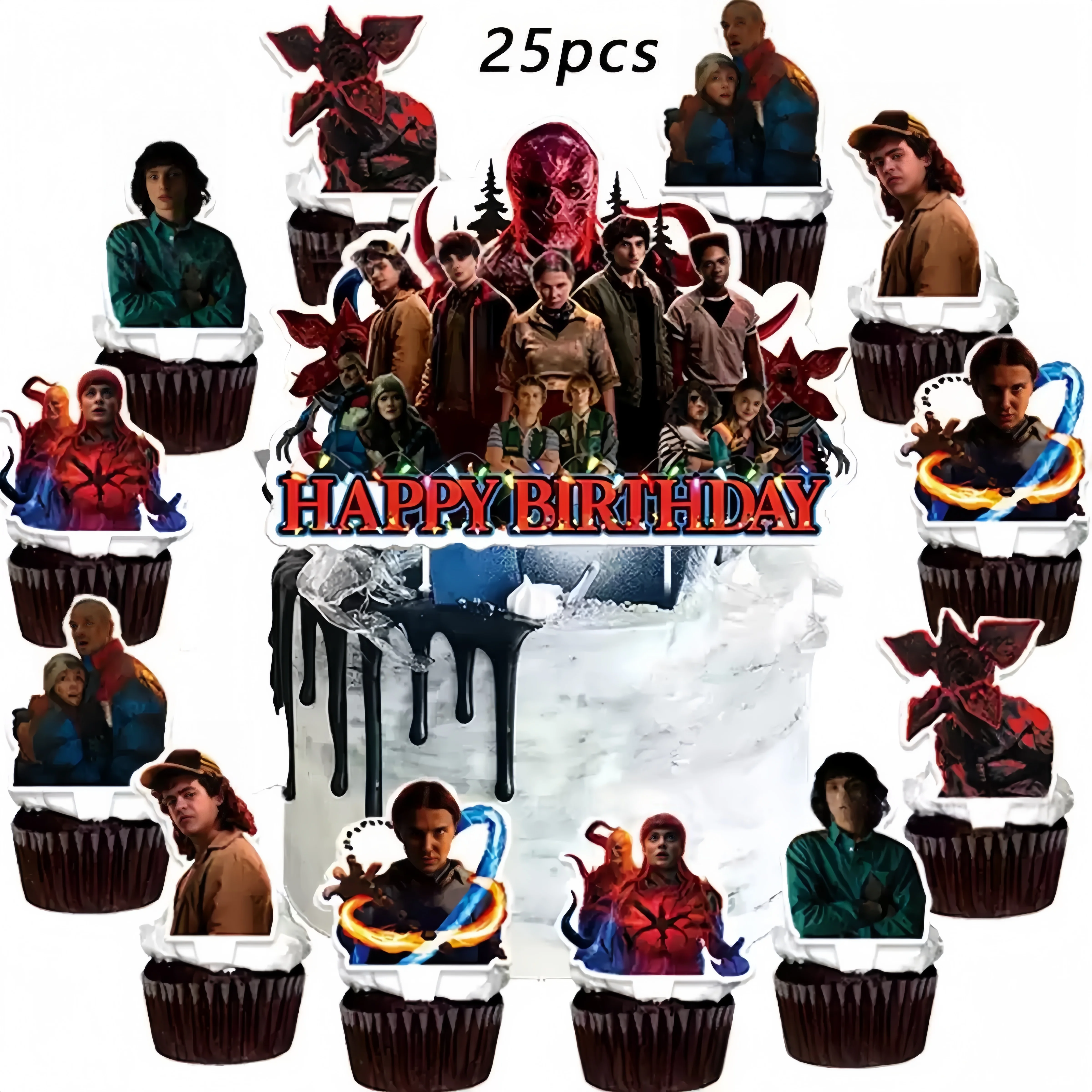 25 Pezzi Decorazioni per Torta a Tema Stranger Things, Demogorgone e Fiore, per Feste di Compleanno per Bambini, Palloncini e Bandierine