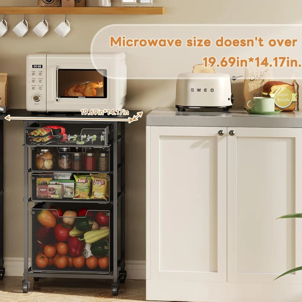 4-Tier Rolling Kitchen Microwave Cart - Kitchen Organizer and Storage Rack with Lockable Wheels, Metal Wire Fruit Utility Cart
