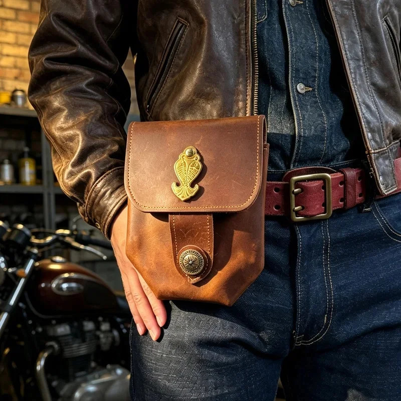 Top Quality Men Crazy Horse Leather Waist Bag Small Vertical Mobile Phone Bag Vintage Work Flap Mini Pouch