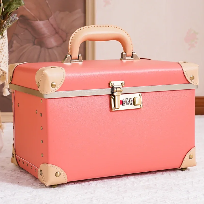 New Portable Vintage Password Makeup Box Storage Large Capacity Double Leather Suitcase Cute Cosmetics Luggage Bag with Mirror