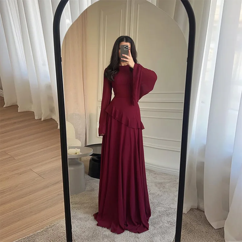 Women Solid Ruffle Chiffon Long Dress Elegant O-Neck Flare Sleeve Slim Maxi Dress 2026 New Lady Wedding Guest Evening Party Robe