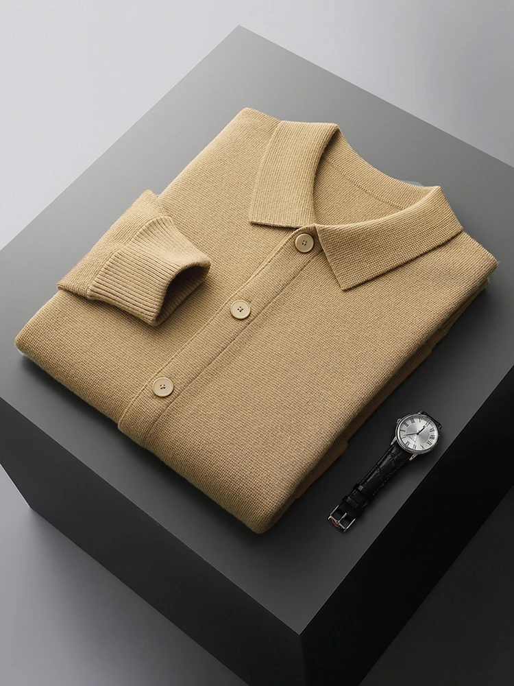 Spring Autumn 100% Merino Wool Knitwear Men Sweater High Quality Turndown Collar Single Breasted Solid Color Cardigan Soft Tops