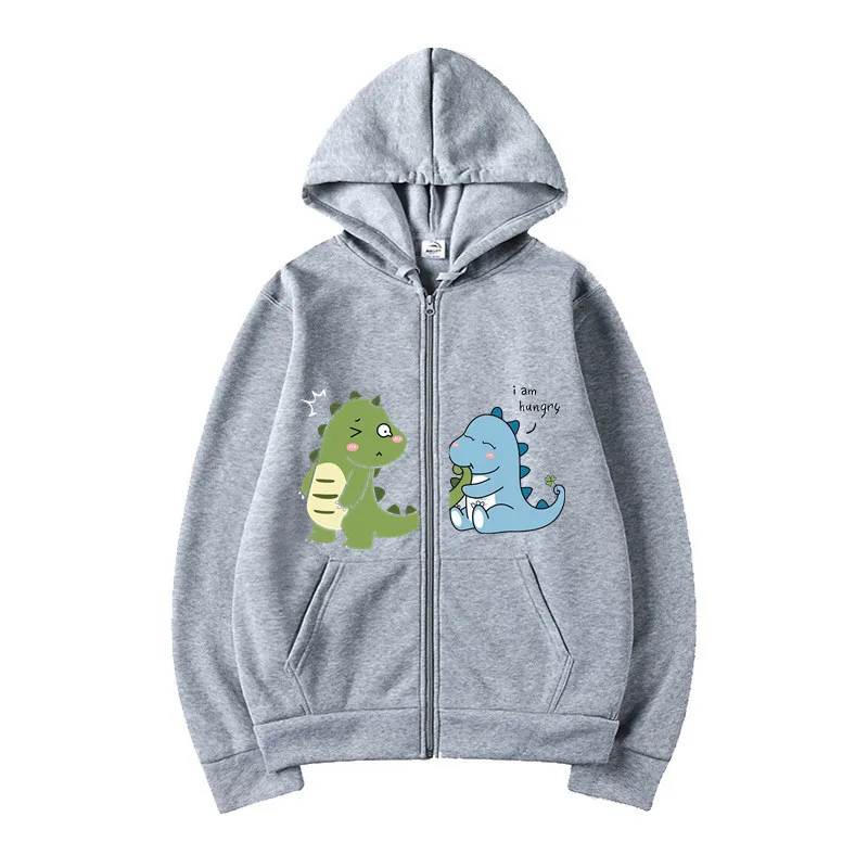 Love Crazy Dinosaur Couple Print Youth Hooded Sports Top Fleece Pullover Casual Jogging Fitness Sweatshirt