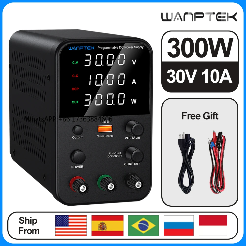 

Wanptek DC Lab Power Supply WPS3010H Adjustable Switching Power Supply 30V 10A USB Fast Charging Dual Input Voltage 220V 110V