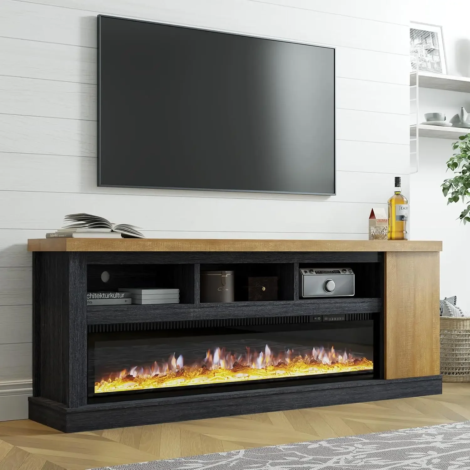 75” Fireplace TV Stand with 60” Electric Fireplace,  Color Clash Entertainment Stand for TVs up to 85”, Black&Brown