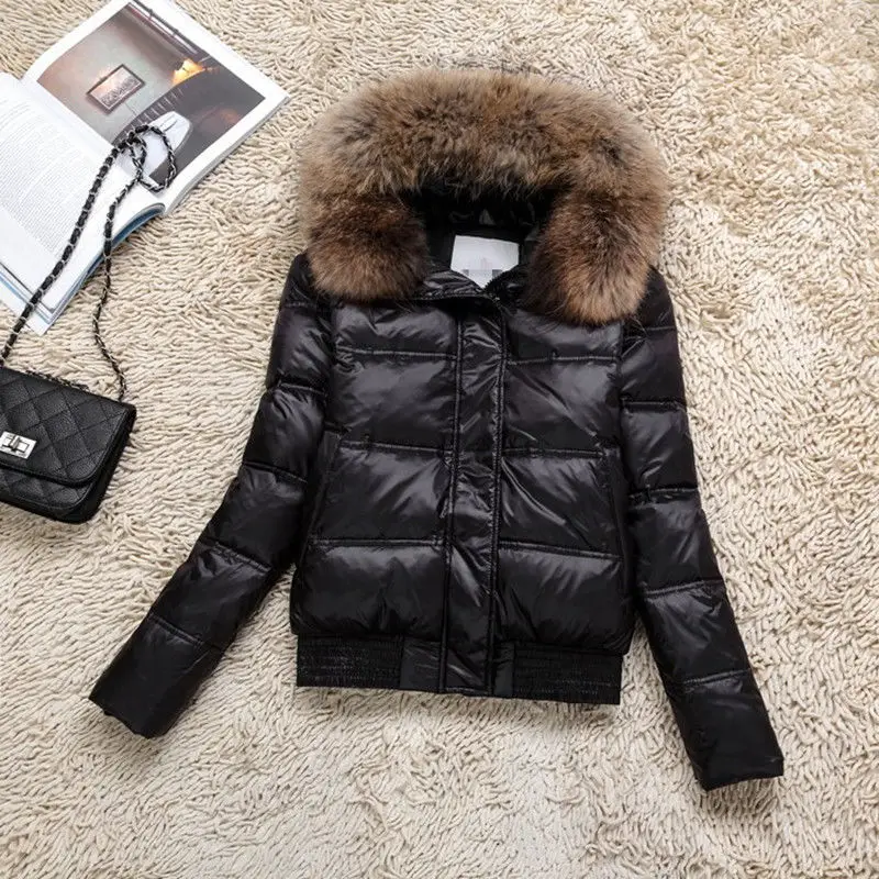 Women\'s hooded down jacket leather collar white eiderdown down jacket tight warm slim fashion outdoor comfort Short style coat