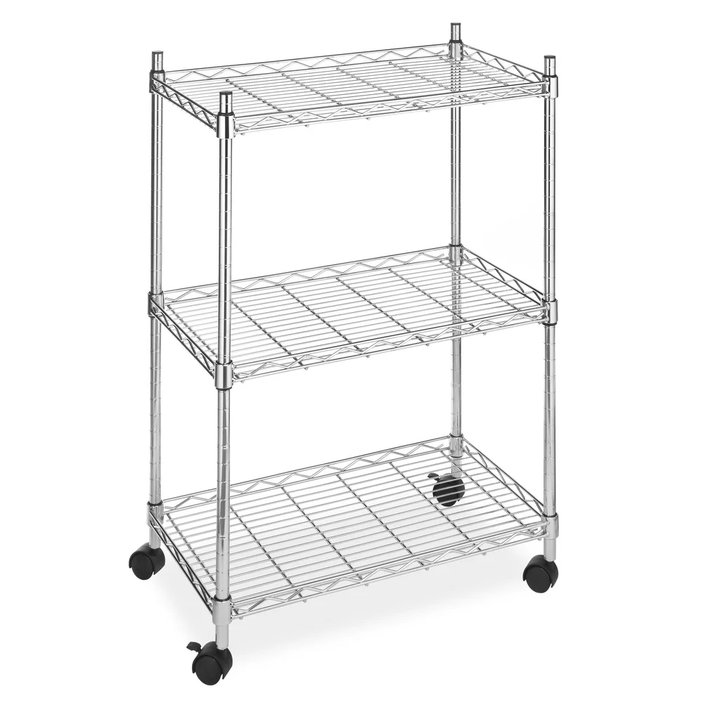 3-Tier Rolling Utility Organizer Cart Heavy-Duty Chrome Steel 250 lb Shelf Capacity Adjustable Shelves Mobile Storage Solution