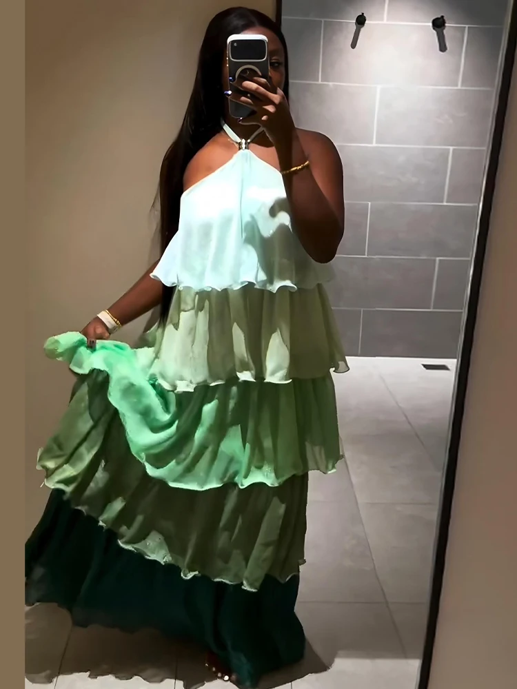 2026 Chic Gradient Women Chiffon Maxi Dress Halter Off Shoulder Tie Back Flowy Ruffle Loose Dresses Summer Beach Vacation Outfit