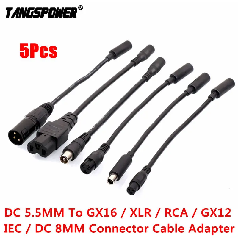 5Pcs DC 5.5MM To 3P GX16 3-Pin XLR RCA IEC 3P GX12 DC 8MM Connector Cable Adapter For Scooter Electric Bike Charger Accessories