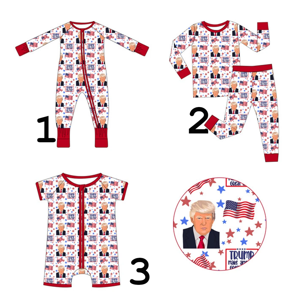 Toddler Clothing Summer Boutique Long Sleeve Pajamas Set American Flag Print Toddler Jumpsuit Customized Milk Silk Hot Selling C