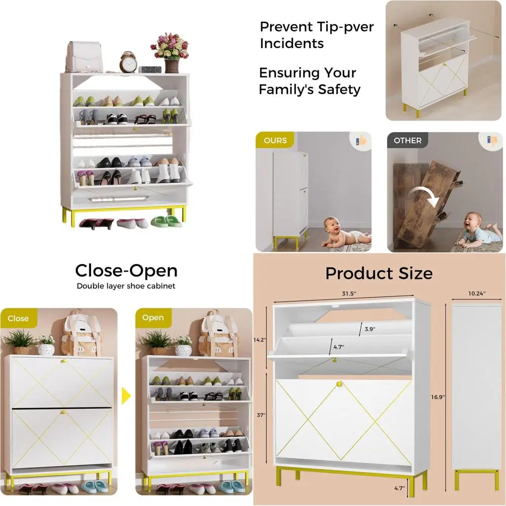 

Freestanding 4-Tier Shoe Rack with 2 Drawers, Metal Legs, White Shoe Storage Cabinet for Foyer and Hallway