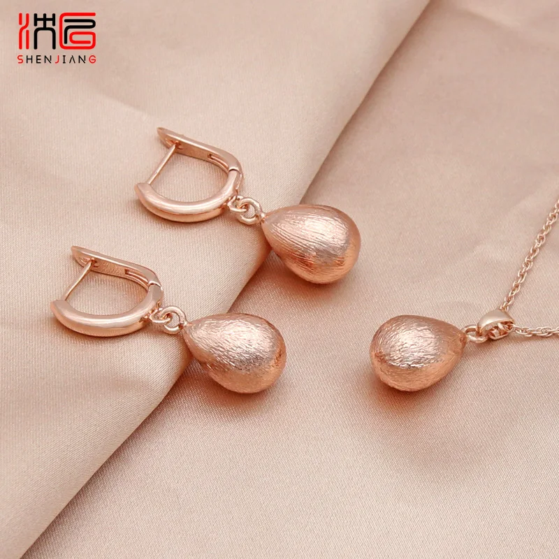 SHENJIANG New Fashion 585 Rose Gold Color Water Drop Metal Dangle Earrings Pendant Necklace Jewelry Sets For Women Wedding