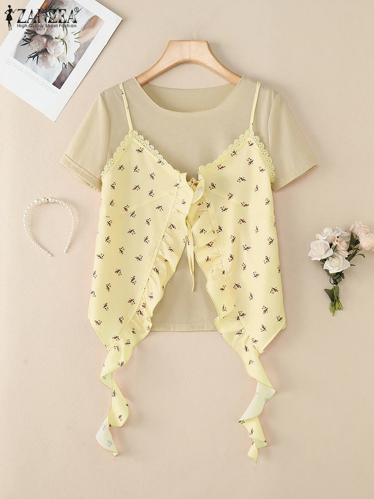 

ZANZEA Korea T-Shirts Women Patchwork Ruffled Tops 2025 Fashion Irregular Tees Casual Loose Printed Tunic Short Sleeve Pullovers
