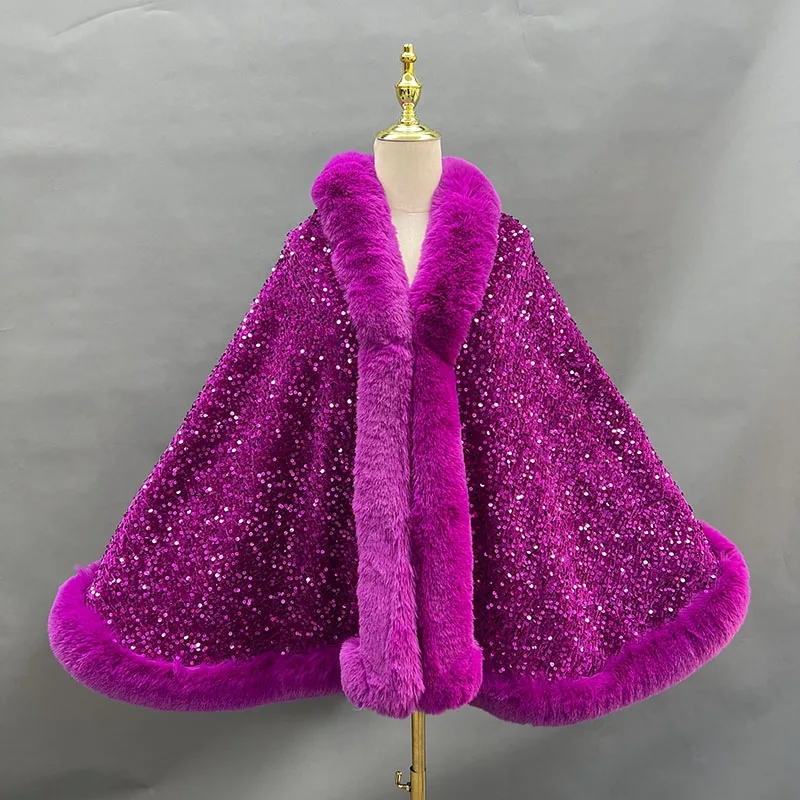 Sequins Faux Rabbit Fur Cape Coat Winter Thicken Lining Warm Party Dress Cloak Shawl Women Wraps Fashion Shiny Paillette