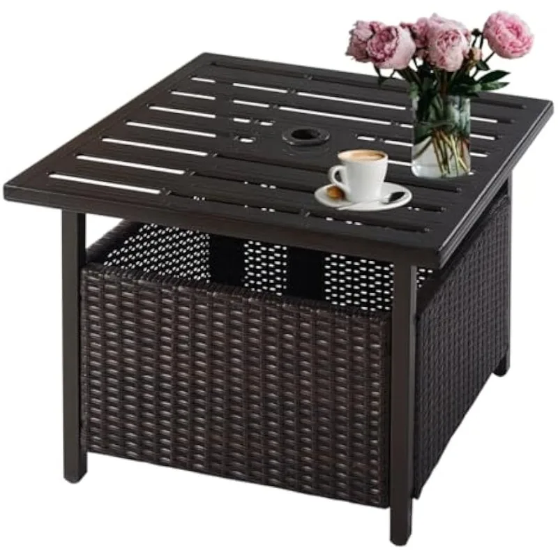 Rattan umbrella side table, tavern with storage slot, wicker side table, terrace with 1.57 "umbrella hole