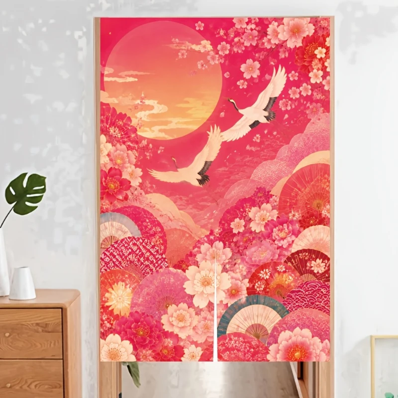 VIKAMA Japanese-Style Crane and Cherry Blossom Half-Door Curtain, Kitchen, Bedroom, and Izakaya Room Divider, Home Decor