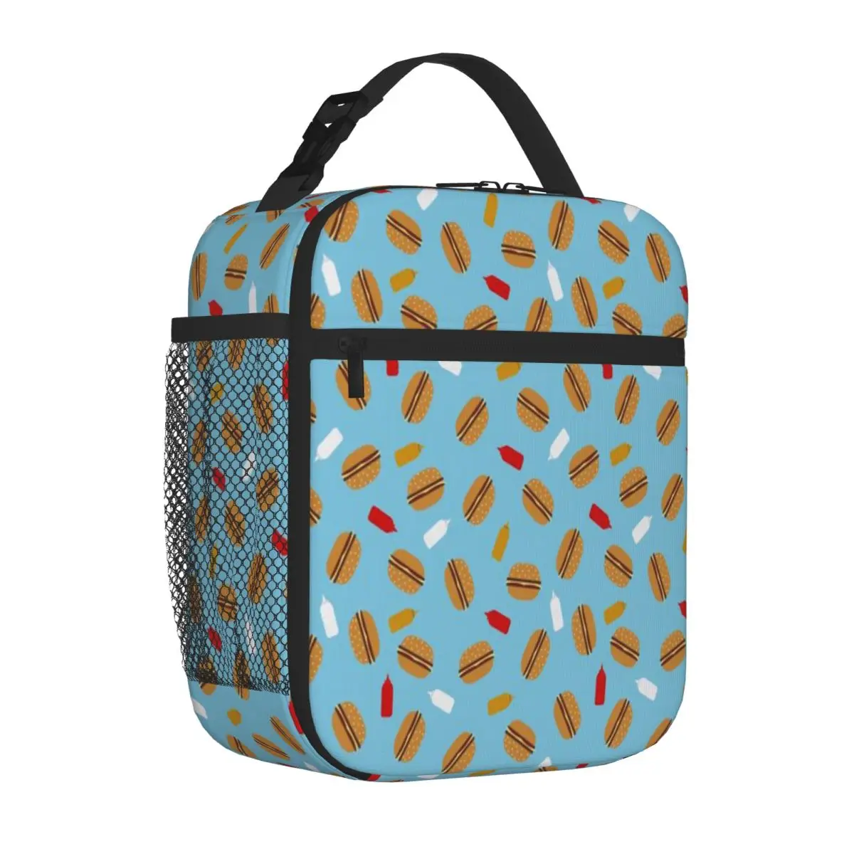 Hot Sale Pattern Of Burgers And Sauces Stitched Detail Lunch Carrier Mountain Trip Large Lunch Bag