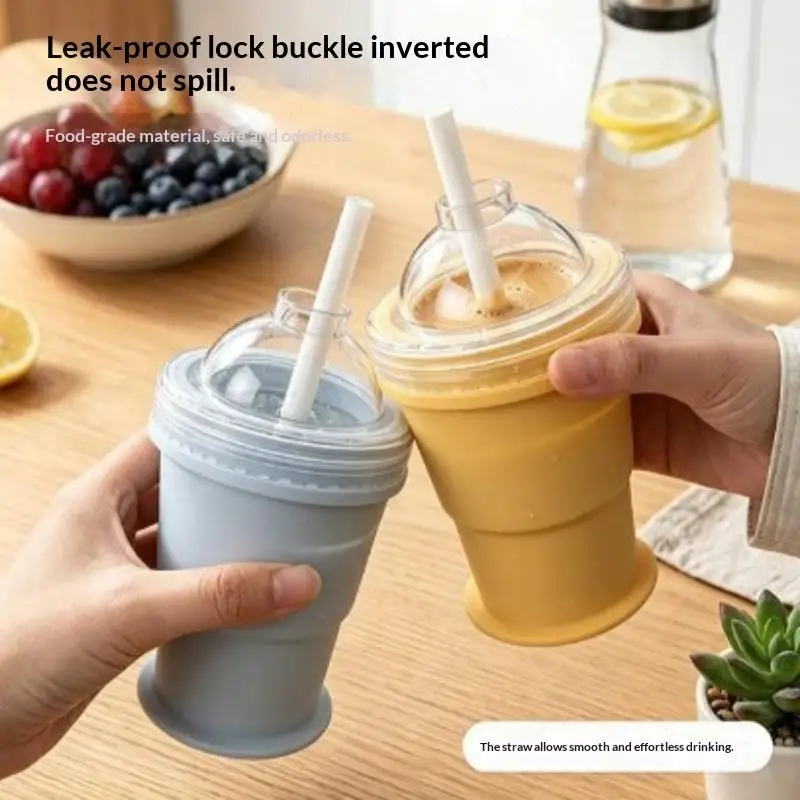 2Pcs Portable Foldable Ice Ball Cup Food Grade Silicone Ice Ball Mold With Straw For Cocktails Reusable Water Bottle