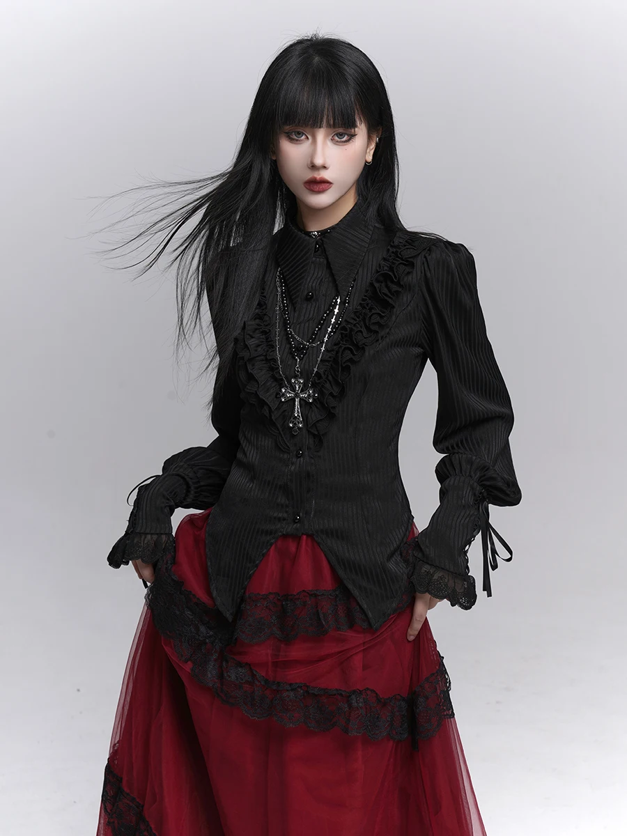 

Gothic Sle Ghost Girl irt Женская внутренняя одежда Bla Court Sle Blouse Lolita Aby Matching Тонкий длинный воротник све