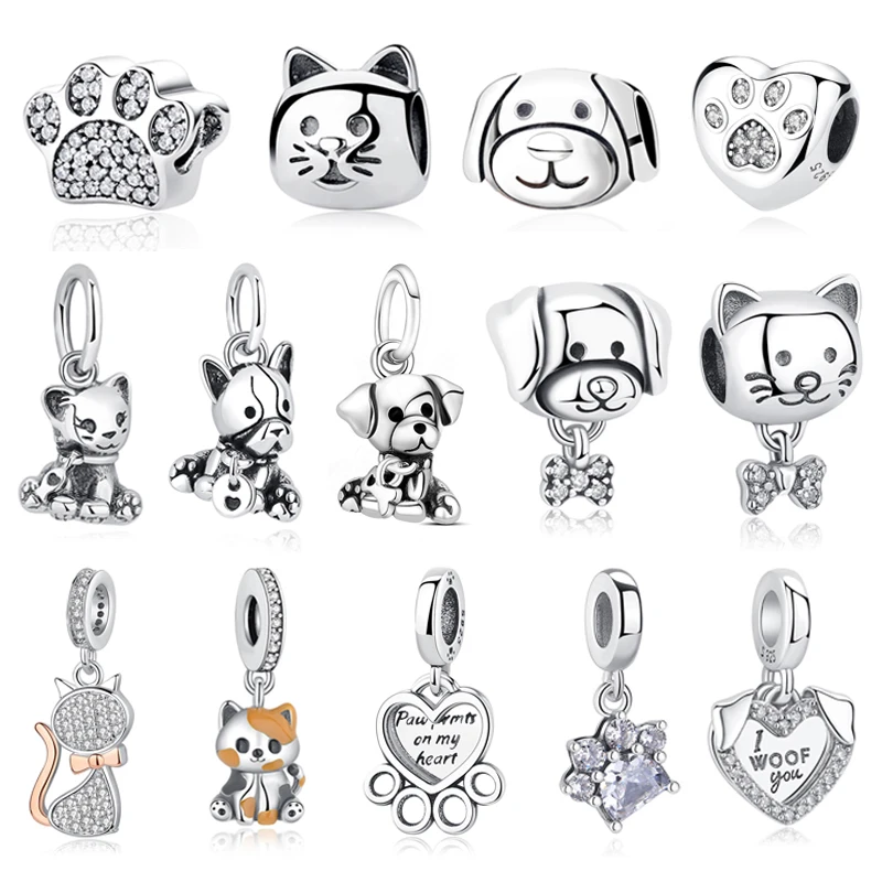 Original 925 Sterling Silver Charms Love Pets Dog Cat Paw Print Pendant Beads Fit Bracelets Necklaces Women DIY Jewelry Gift