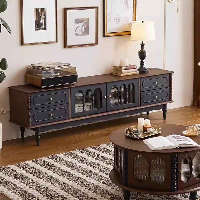 

Тумба под телевизор в стиле французского ретро из массива дерева, черная, в американском стиле, для гостиной, комбинация с журнальным столиком, напольный, с местом для хранения