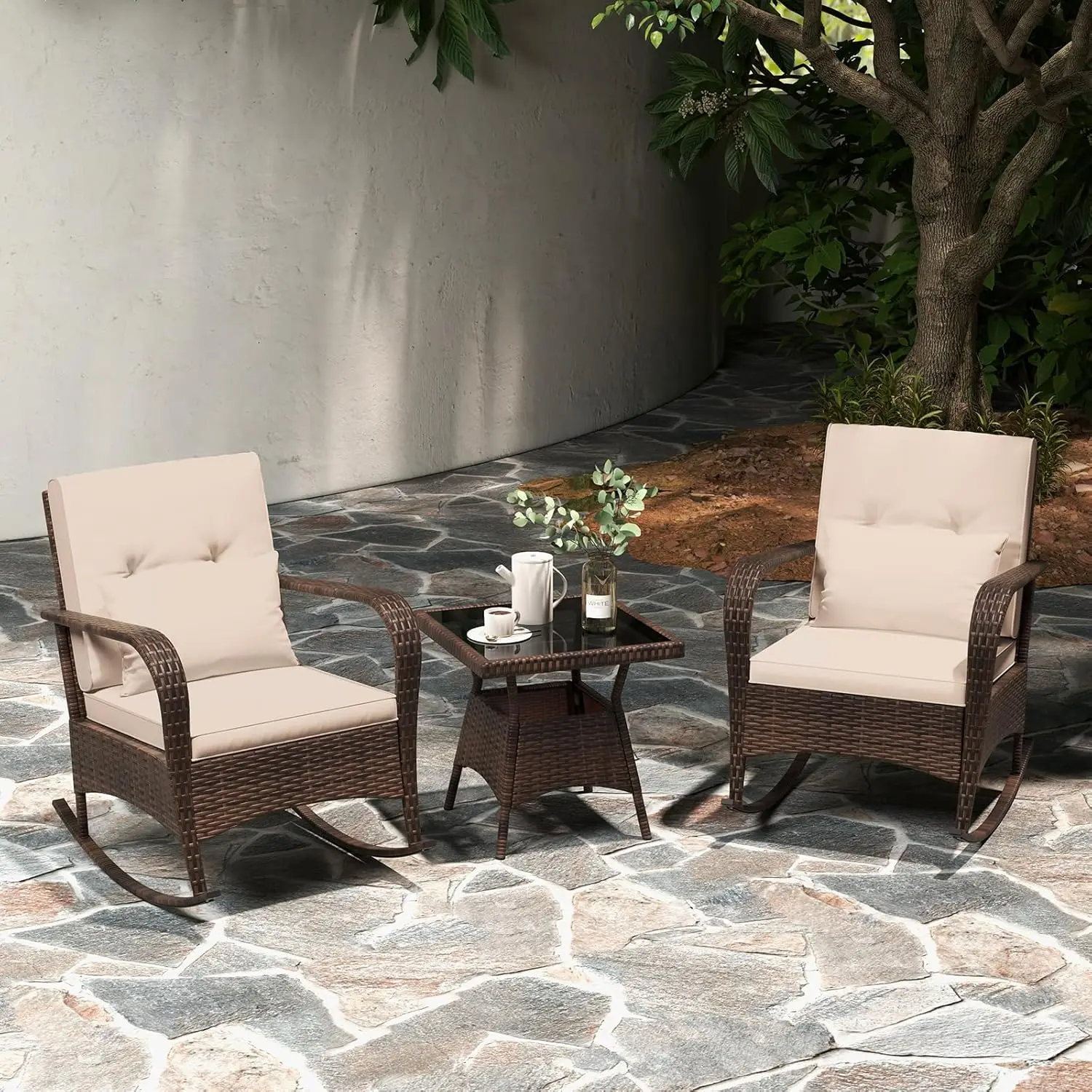 3 Pieces Rocking Bistro Set, Patiojoy Outdoor PE Rattan Rocker Chairs with Removable Cushions & Tempered Glass Top Coffee Table,