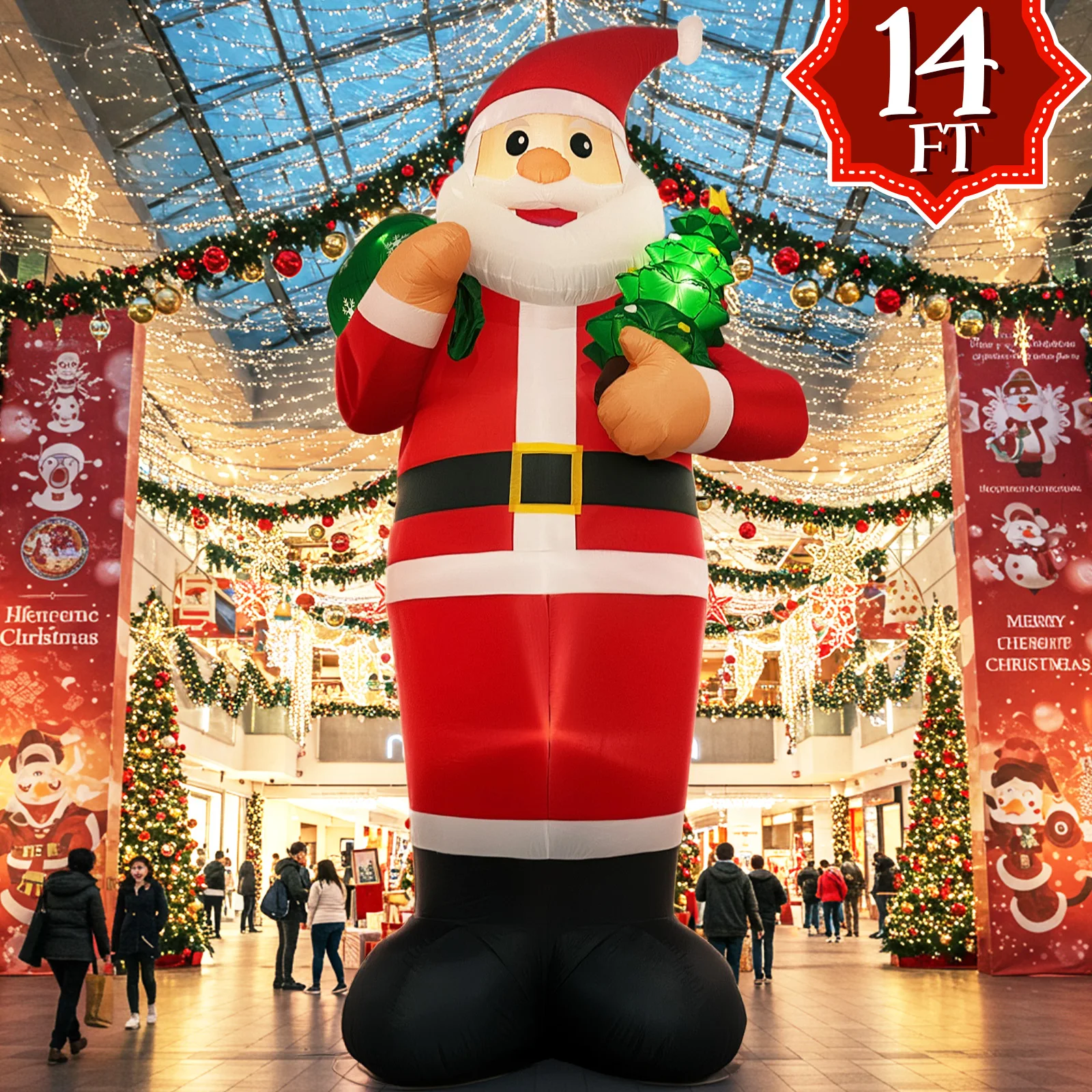 14FT Giant Christmas Inflatable Santa Holding Gift Bag Decoration, Built-in LED Lights, Outdoor Blow Up with Stakes