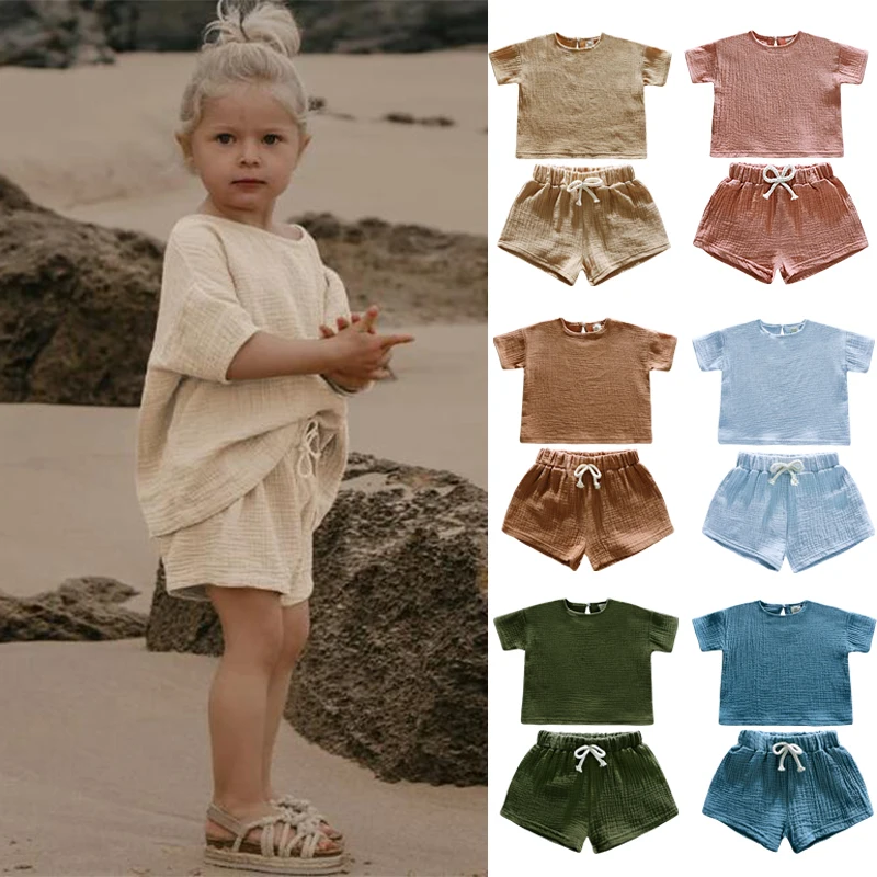 

Casual Children Clothing Boys Outfit Set Solid Color Cotton Linen Short Sleeve Tops Shorts 2 PCS Summer Kids Clothing 1-7 Years