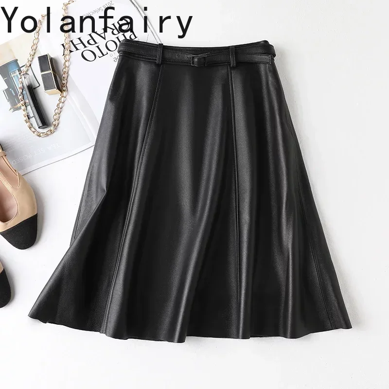 Genuine Leather Skirt for Women Elegant High Waist Skirts Korean Belt A Line Skirt Black Sheepskin Skirt Korean Streetwear SGG