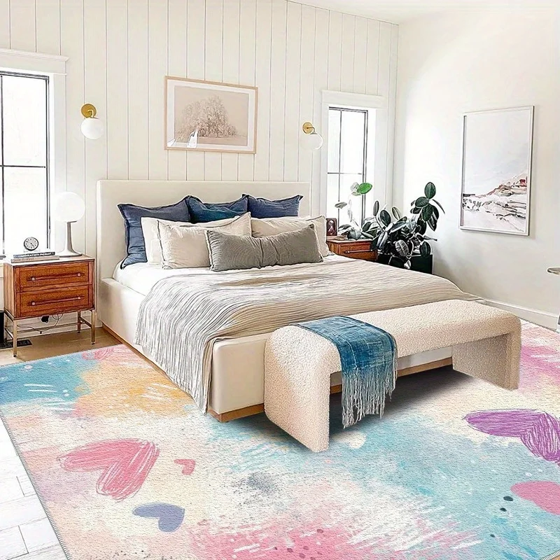 VIKAMA Cute Abstract Heart Indoor Rug Soft Pastel Watercolor Scribble Pattern Non‑Slip Stain‑Resistant Washable Floor Mat Home