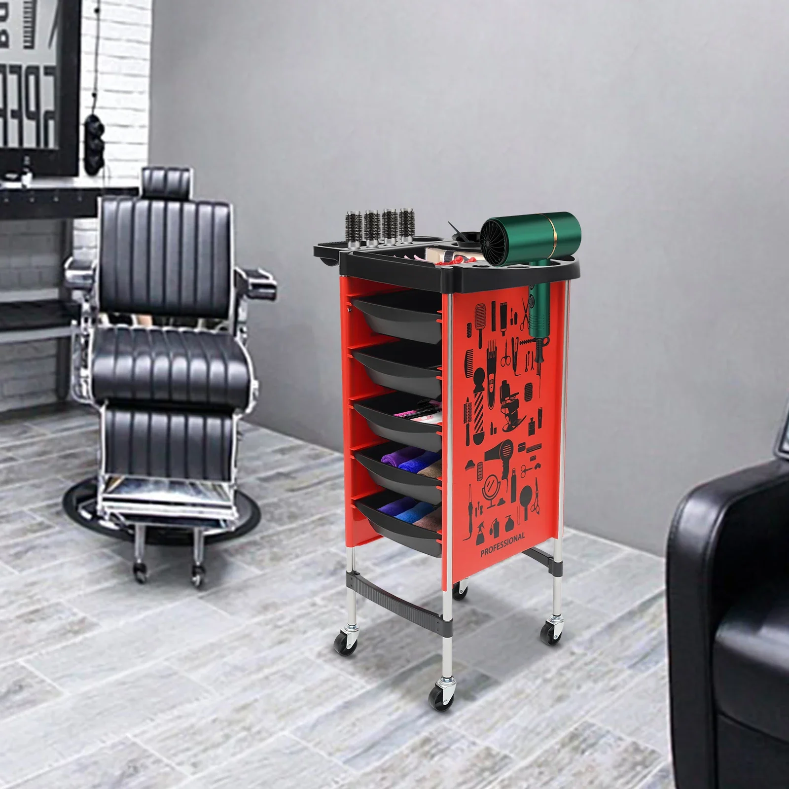 6-poziomowy wózek salonowy z uchwytem na suszarkę, uniwersalny wózek kosmetyczny z 5 szufladami do przechowywania, meble salonowe oszczędzające