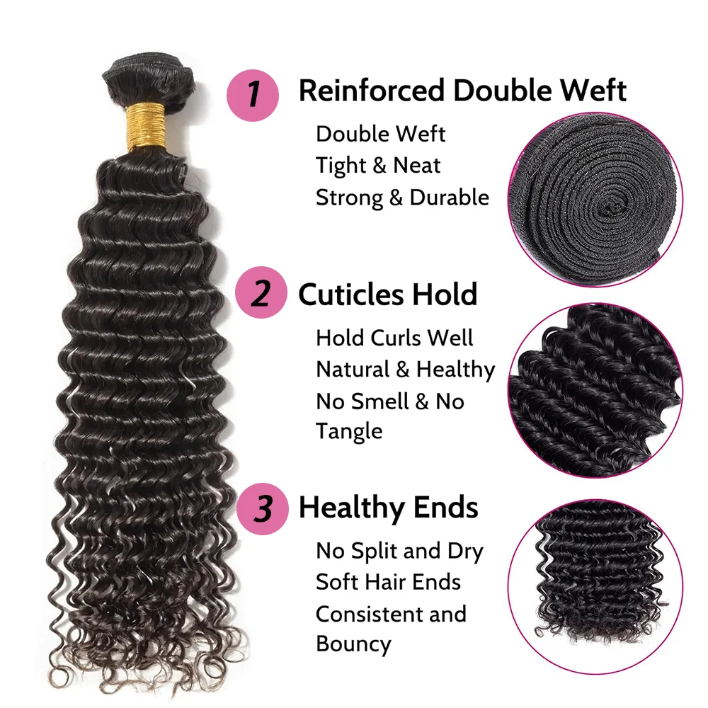 Deep Wave Human Hair Bundles Extension 26 Inch Brazilian Water Curly Real Bundles Human Hair Double Weft Natural Color For Woman