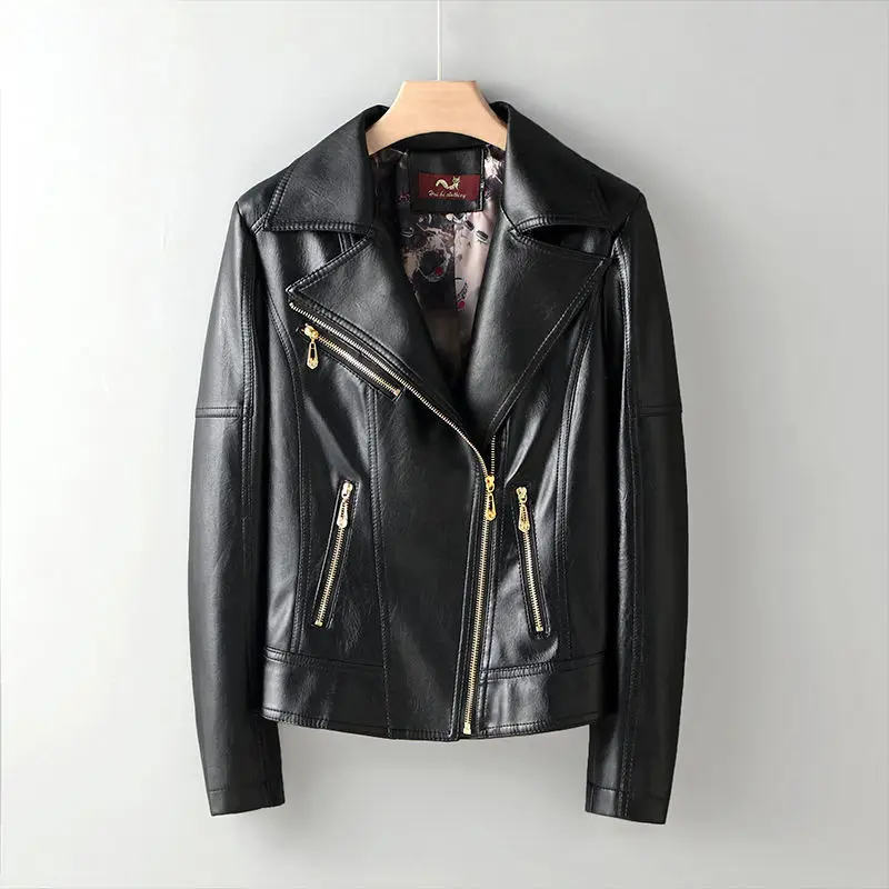 PU Leather Motorcycle Jacket for Women, Long Sleeve, Joker, Slim Zipper Coat, High Quality, Korean Version, New, 2024