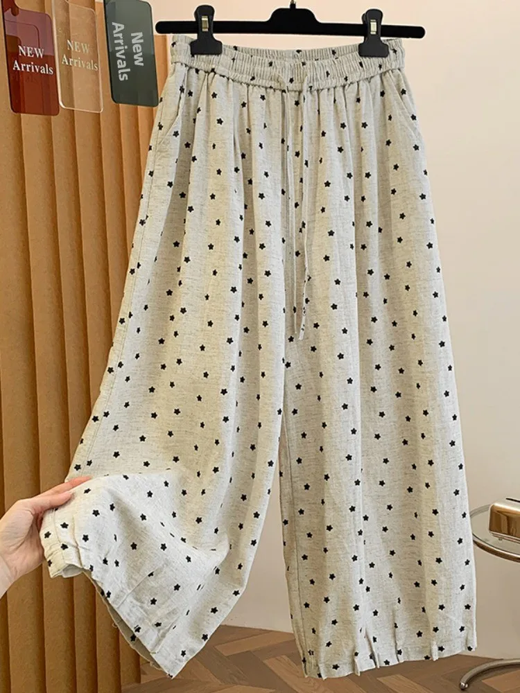 High-End Vintage Floral Print Cotton Linen Wide Leg Pants Women Summer Artistic Elastic Waist Home Casual Pants plus Size Nin...