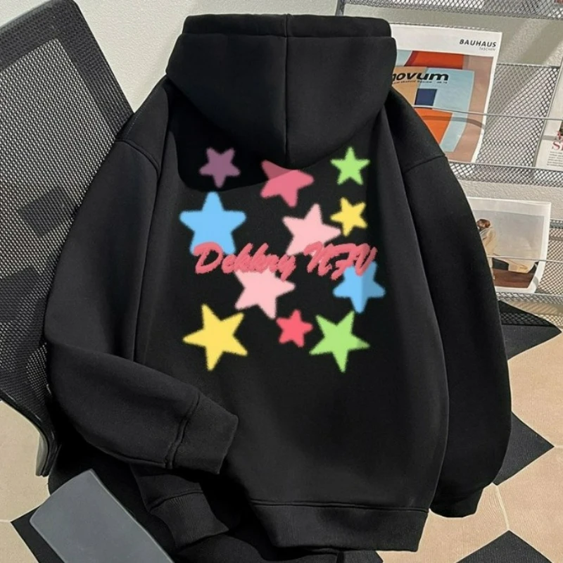 

2026 Autumn/Winter New Fashion High Street Style Colorful Five-pointed Star Printed Hooded Sweatshirt for Women Loose Versatile
