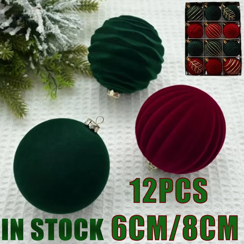 

12pcs 8cm Wine Red Christmas Ball Ornaments Dark Green Christmas Tree Party Decoration Christmas Spheres Pendant Flocked Balls