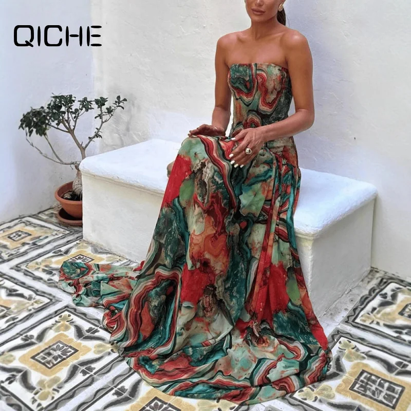 QICHE European American Women Maxi Dress Printed Smocked Bandeau Slim‑Fit Big Swing Hem Party Evening Gown