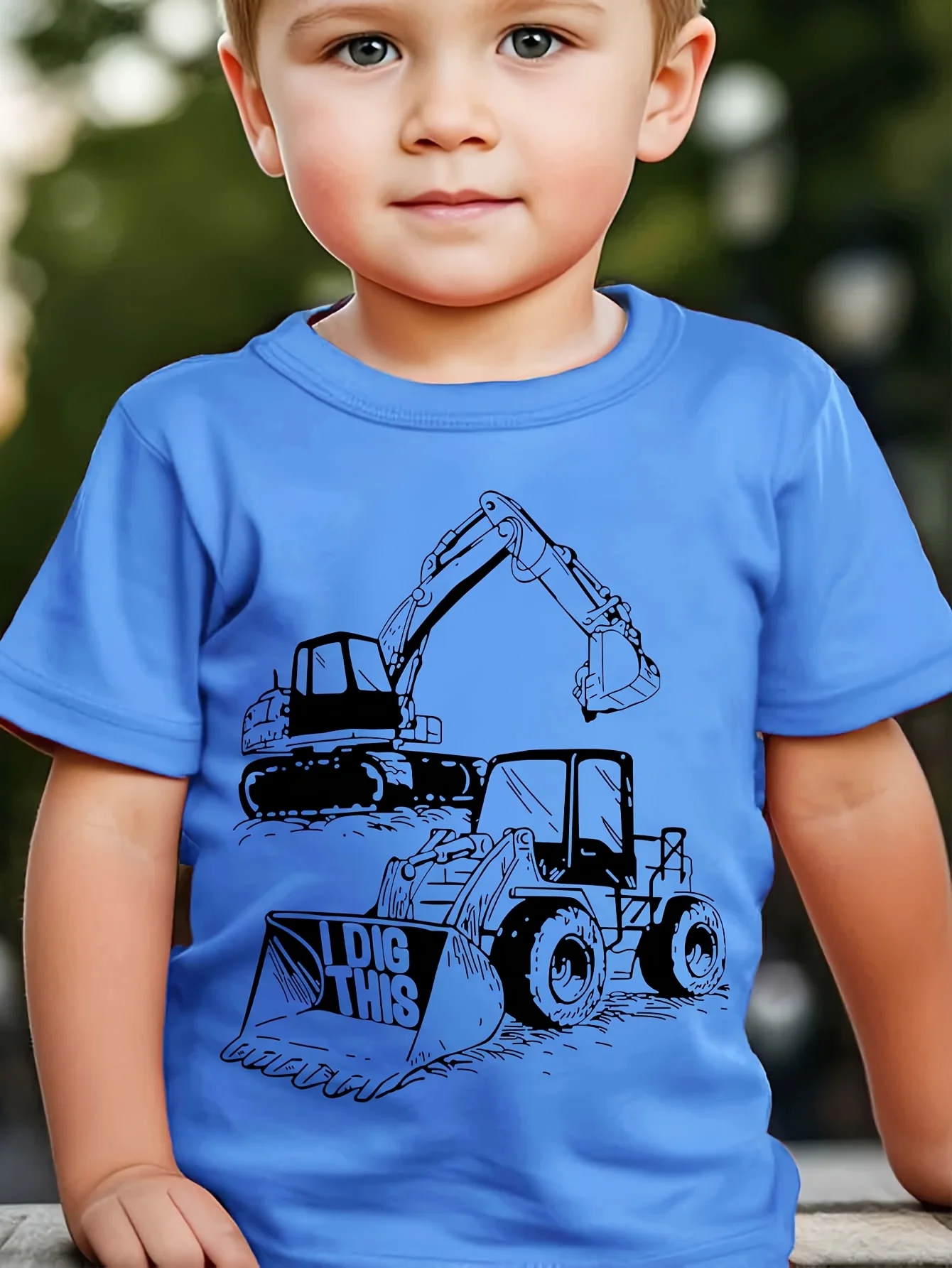 Boys and Girls Simple Excavator Print Pattern Children's Short Sleeved Casual Creative Trend Parent-child T-shirt