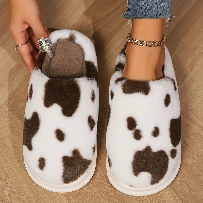 Nette Kuh Flecken Baumwolle Hausschuhe für Frauen Runde Kappe Dicke Sohle Plüsch Hausschuhe Frau Weiche Faux Pelz Warme Schuhe Slides Weibliche Winter – Detail 8