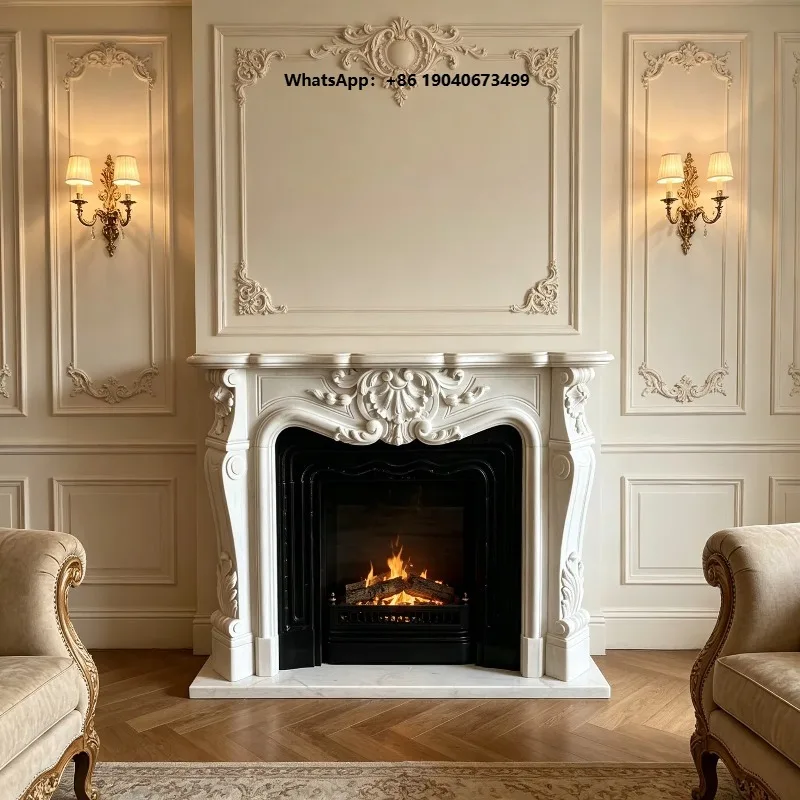 Luxury Hand Carved Marble Fireplace Surround with Wood Fireplace Modern Design for Living Room Hotel Villa xyl