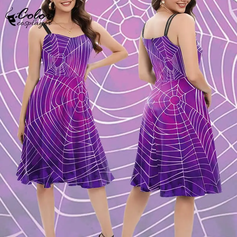 

Color Cosplayer Gothic Purple Dress Women Spider Web Pattern Slip Dress Halloween Witch Cosplay Costume Carnival Party Outfit