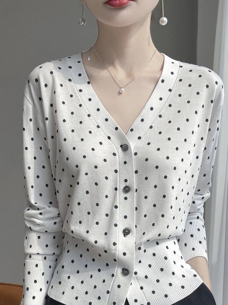 

Spring Early V-Neck Long Sleeve Knitted Cardigan Women's Loose Fit Slimming Thin Top Polka Dot Open-Shirt Casual Style